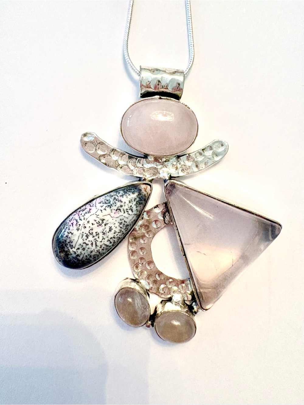 2 inch, 925 marked Dendrite Opal + Rose Quartz, Angel pendant on a silver chain